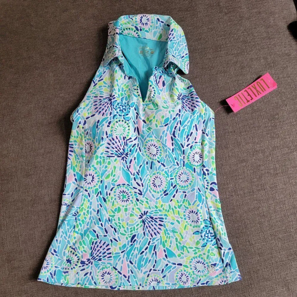 Lilly Pulitzer Luxletic Women's Blue Ibiza Sleeveless Collar Top Size Xxsmall - Picture 1 of 6